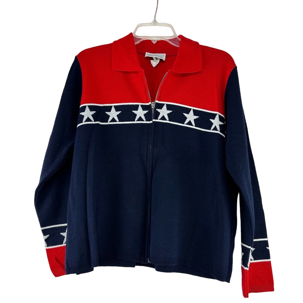 Prosperity Knitwear Cardigan Sweater Womens Sz L Red Blue Stars Full Zip‎ USA